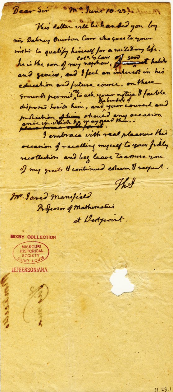 Thomas Jefferson (csak kezdőbetűk), Monticello levele Jared Mansfieldnek, a West Point matematika professzorának, 1823. június 10 -én alkotó: Thomas Jefferson