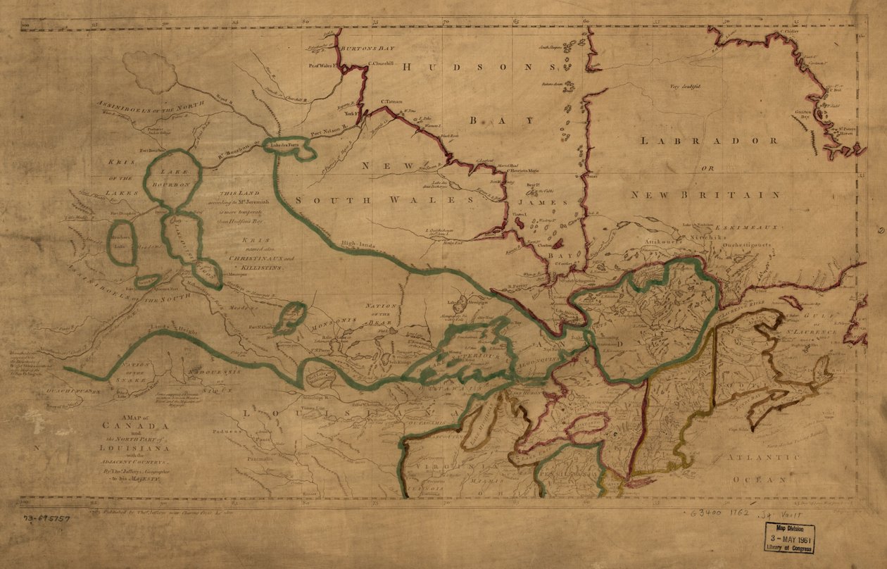 Kanada és Louisiana északi részének térképe a szomszédos országokkal. LOC 73695757 alkotó: Thomas Jefferys