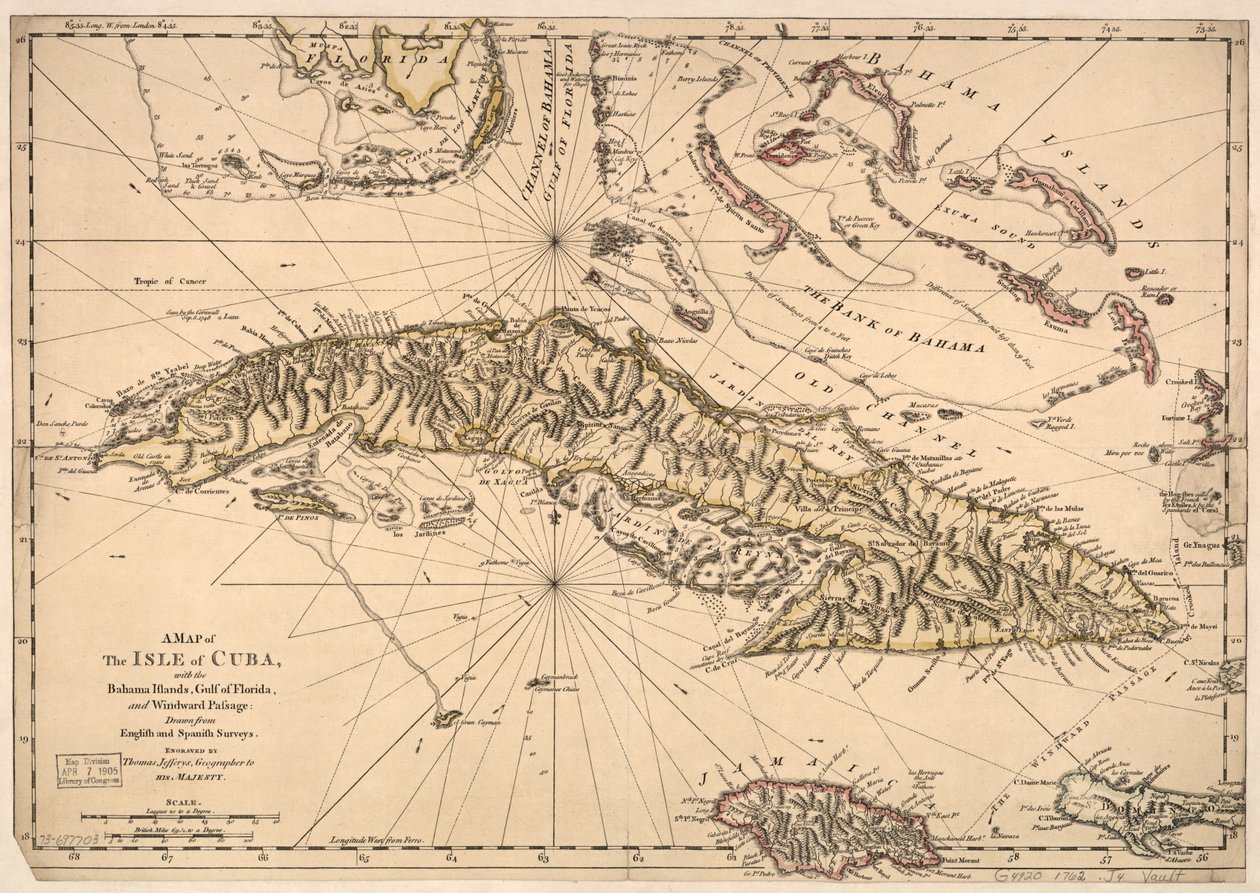 Kuba szigetének térképe, a Bahama-szigetekkel, a Floridai-öböl és a Szél felőli átjáróval - angol és spanyol felmérések alapján. LOC 73697703 alkotó: Thomas Jefferys