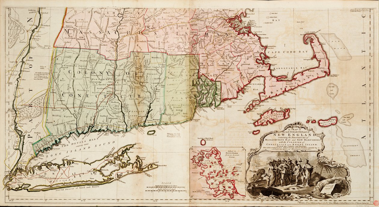 Új-Anglia leglakottabb részének térképe, amely Massachusetts Bay és New Hampshire tartományokat, valamint Connecticut és Rhode Island gyarmatokat tartalmazza. alkotó: Thomas Jefferys