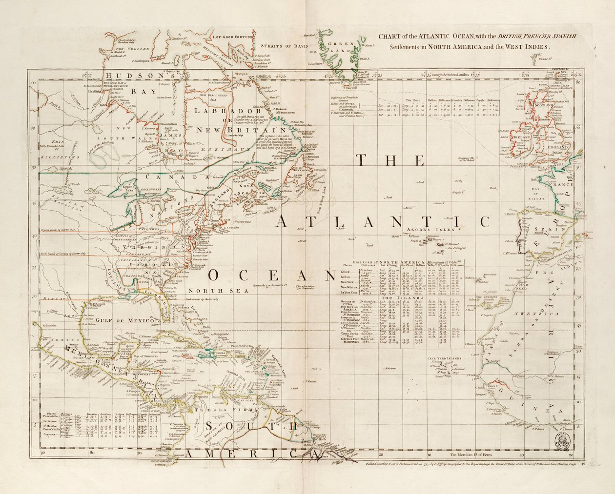 Az Atlanti-óceán térképe az észak-amerikai és nyugat-indiai brit, francia és spanyol településekkel. alkotó: Thomas Jefferys