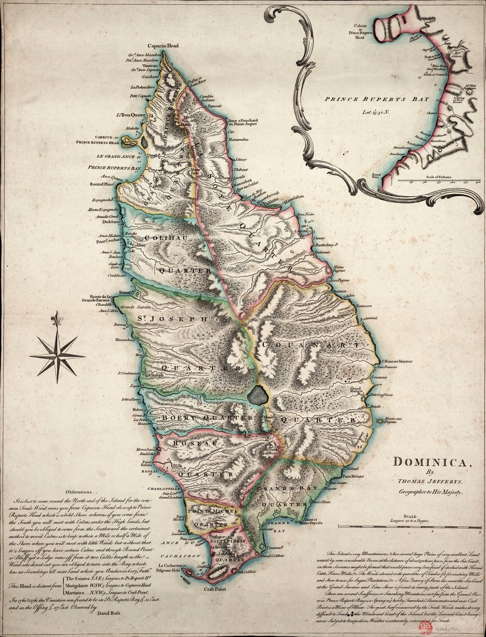 Dominika színes térképe részletes földrajzi megfigyelésekkel, 1760 körül (kézi színes metszet) alkotó: Thomas Jefferys