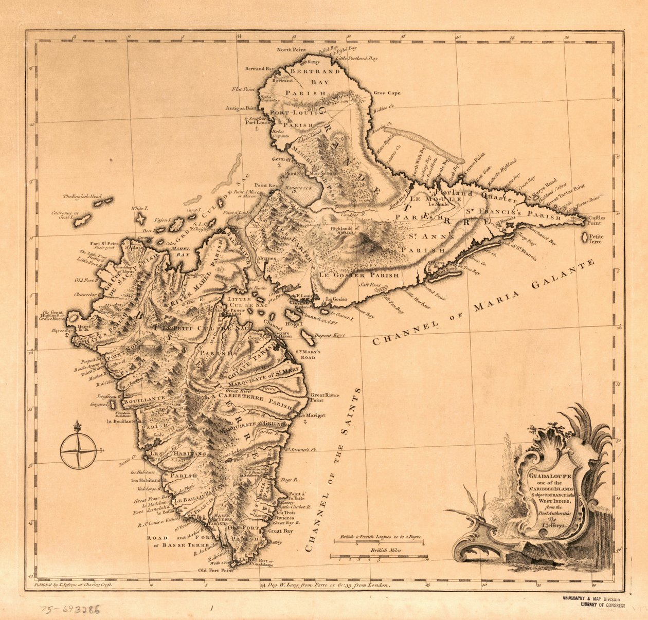 Guadaloupe a Franciaországhoz tartozó Karib-szigetek egyike a Nyugat-Indiákban, LOC 75693286 alkotó: Thomas Jefferys