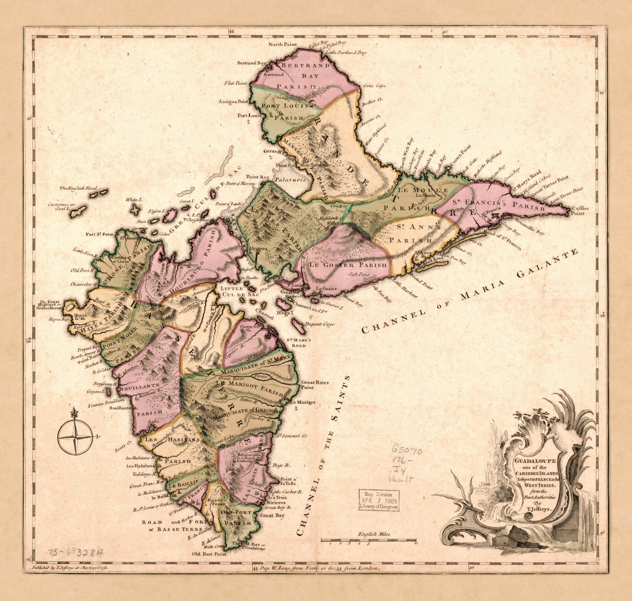 Guadaloupe a Franciaországhoz tartozó Karib-szigetek egyike a Nyugat-Indiákban, LOC 75693284 alkotó: Thomas Jefferys