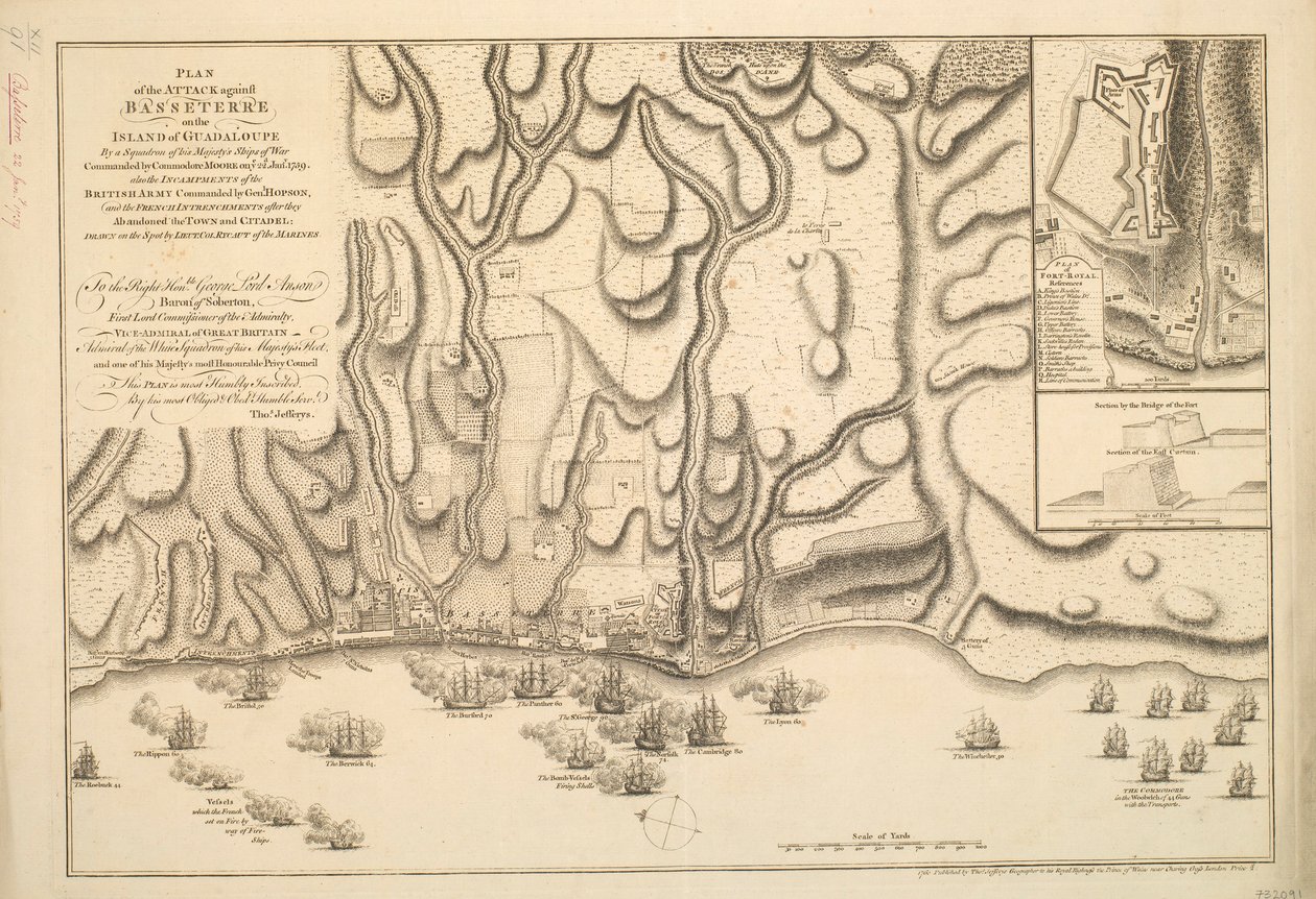 A GUADALOUPE SZIGETÉN lévő BASSETERRE elleni TÁMADÁS TERVE Őfelsége hadihajóinak egy, MOORE parancsnok által 1759. január 22-én parancsnokolt hajórajával, valamint a HOPSON tábornok által parancsnokolt BRIT ARMY és a FRANCIA INTRENCHME Támadásai. alkotó: Thomas Jefferys