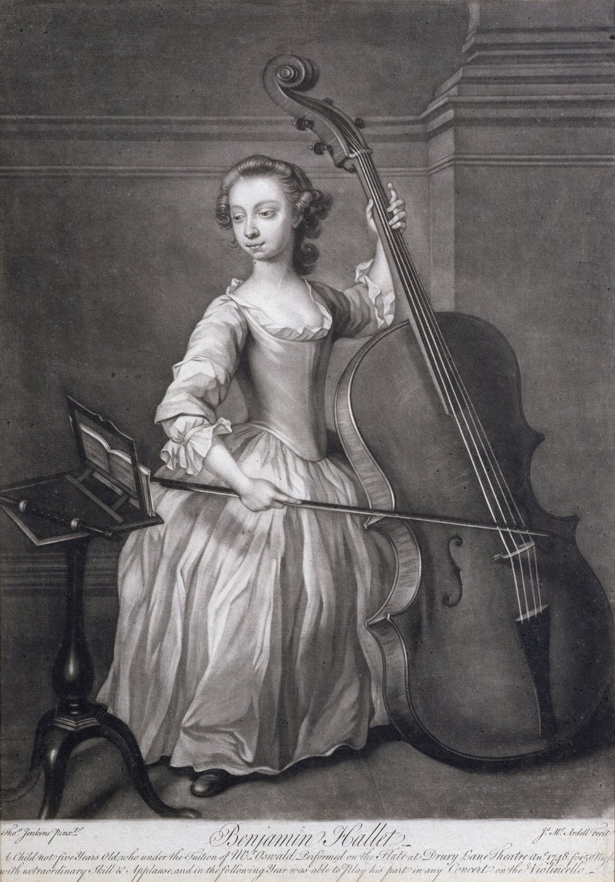 Benjamin Hallet hegedűn játszó portréja, James McArdell (1729-65 körül) metszetében, 1749 körül alkotó: Thomas Jenkins