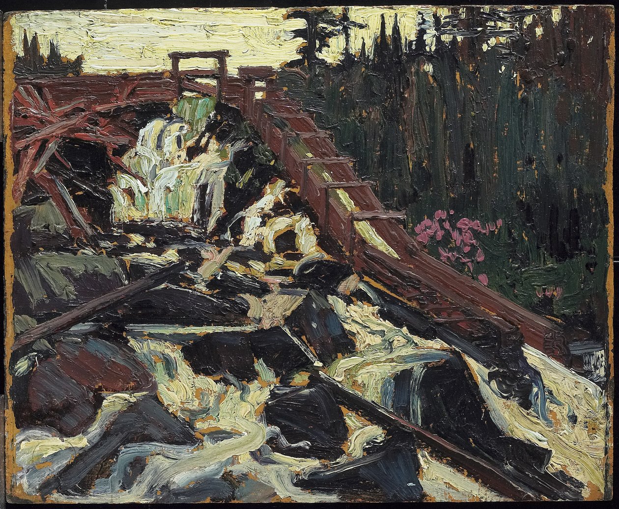 Fa csúszda, 1915 (olaj, kompozit fa-pép lemez) alkotó: Tom Thomson
