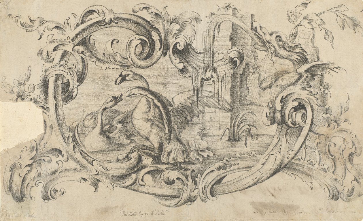 Tervezés egy kéménydarabhoz, két hattyúval harcban, tekercsbe zárva..., 1762. alkotó: Thomas Johnson