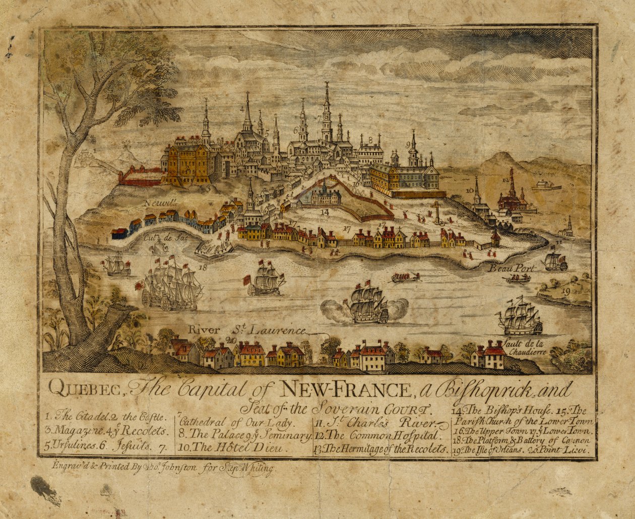 Quebec, Új-Franciaország fővárosa, püspökség és a Soverain udvar székhelye, 1759 (kézzel színezett metszet) alkotó: Thomas Johnston