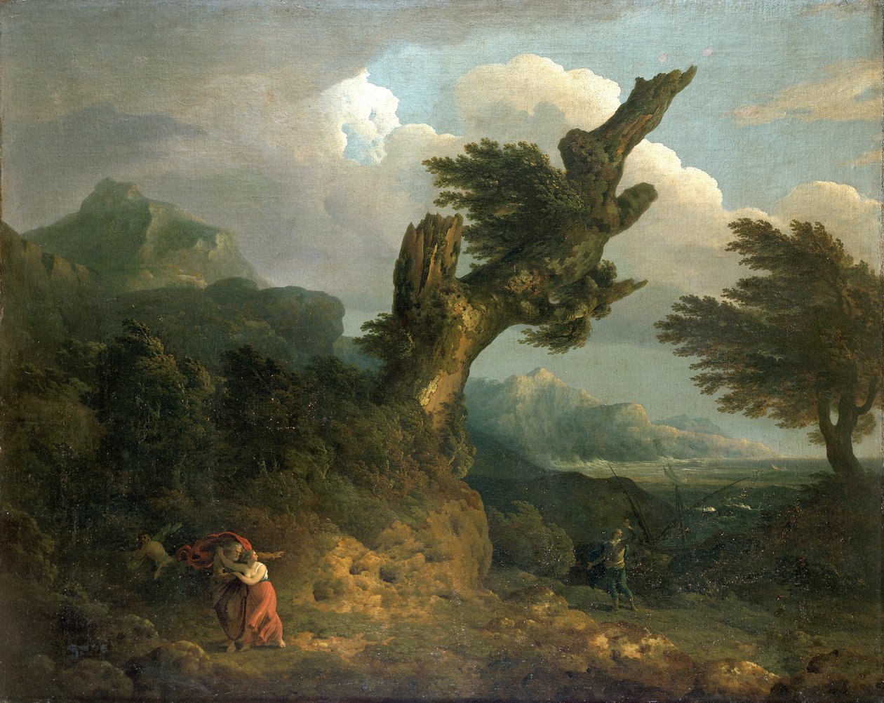 „Egy vihar” – Prospero, Miranda és Caliban a hajótörött Ferdinándot kémlelik, 1778 alkotó: Thomas Jones