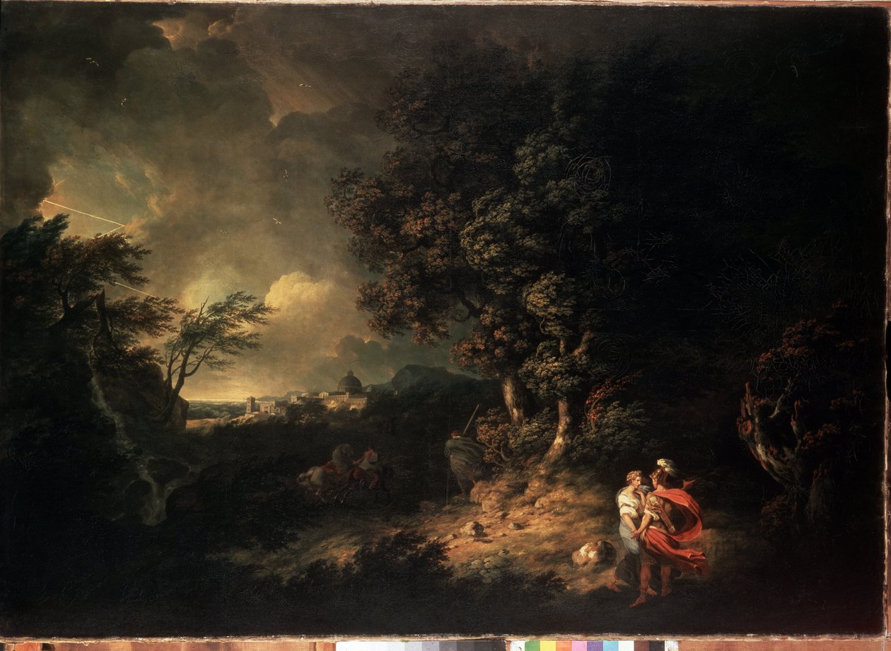 ""Viharkép Aeneasszal és Didóval"" (Táj Aeneasszal és Didóval) Illusztráció Vergilius Aeneiséből. Thomas Jones (1742-1803) festménye 1769 Méret: 137,5x193,5 cm Ermitázs Múzeum, Szentpétervár alkotó: Thomas Jones