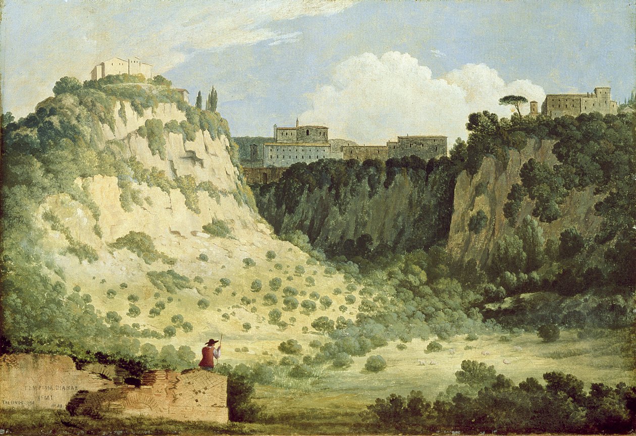 Nemi Diana templomának kilátása egy pásztorral az előtérben, 1785 alkotó: Thomas Jones