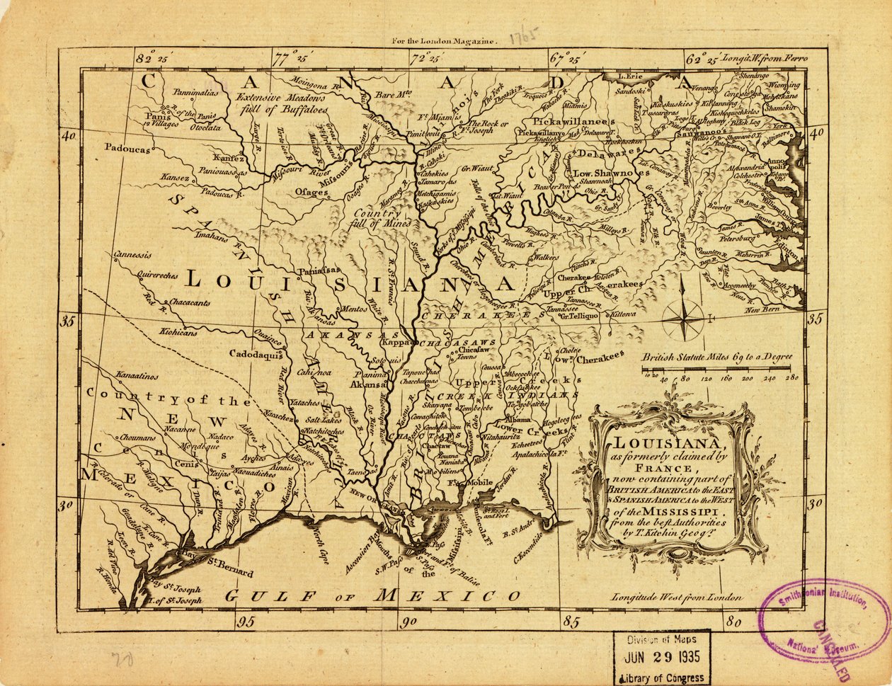 Louisiana, amelyet korábban Franciaország követelt magának, és amely most a Mississippitől keletre Brit-Amerika egy részét, a Mississippitől nyugatra pedig Spanyol-Amerikát foglalja magában. LOC 77690498 alkotó: Thomas Kitchin
