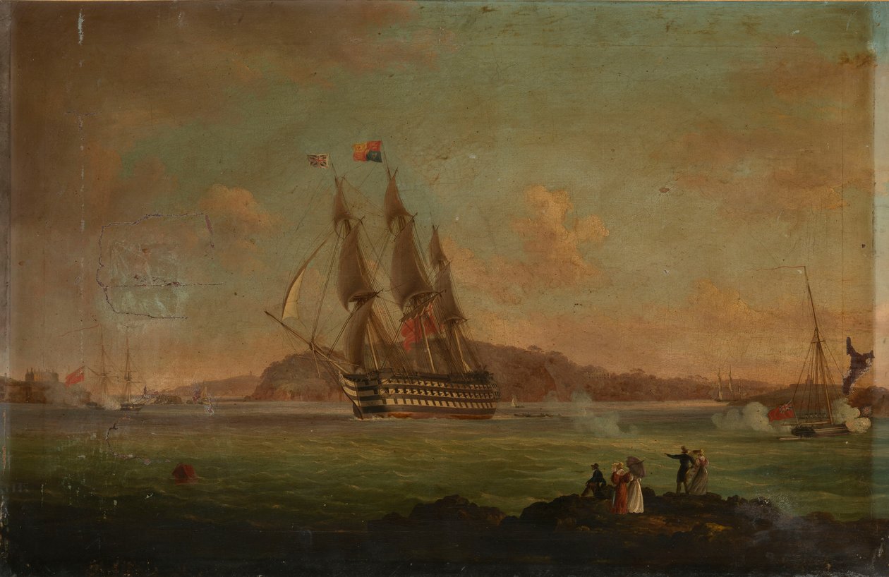 A HMS "Britannia" a Hamoaze-ból a Plymouth Sound felé hajózik, fedélzetén Clarence hercegével, mint Lord High Admiral, 1828. július 27., 1828 körül (olaj, vászon). alkotó: Thomas L. Hornbrook