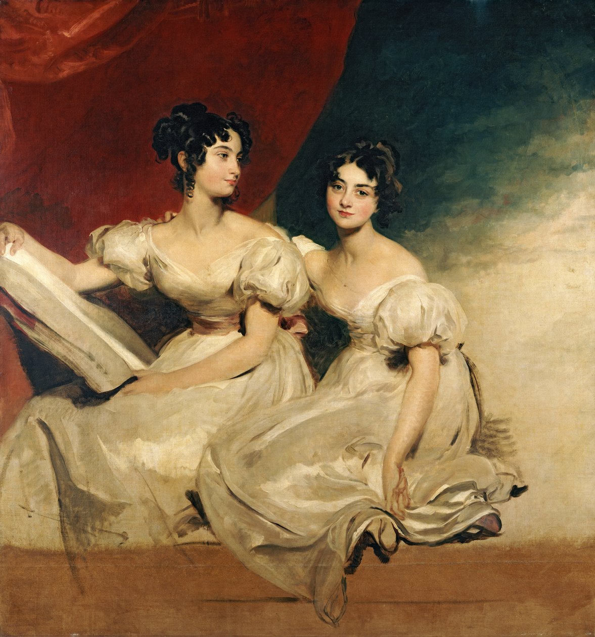 Fullerton nővérek kettős portréja, teljes hosszában ülve, fehér ruhában, 1825 körül alkotó: Thomas Lawrence