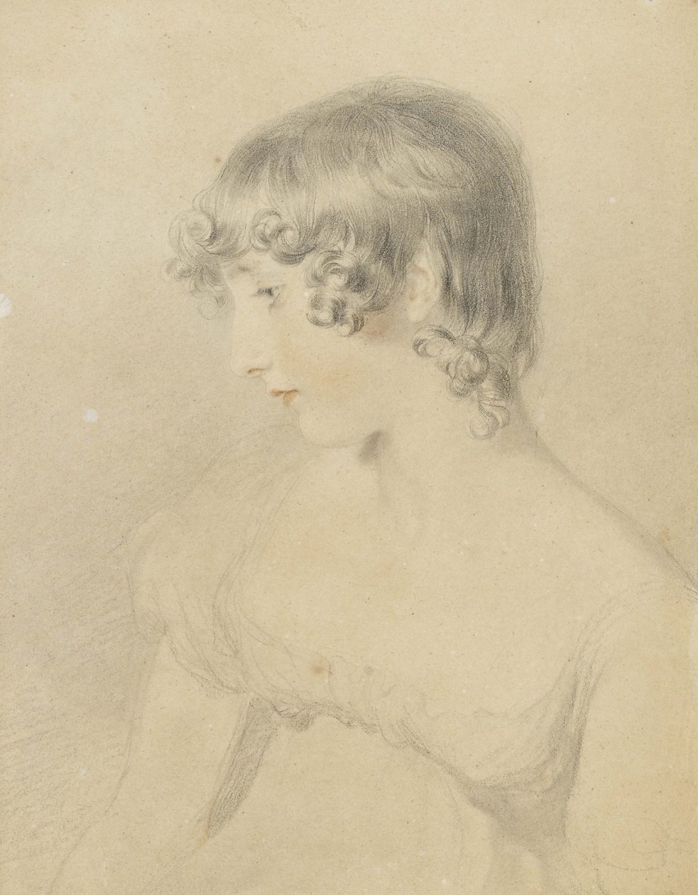 Susan Bloxam mellszobrai portréja, profilban balra forgatva, 1818 (fekete kréta, vörös krétával megérintve, fehér kártyán enyhén megnyomva, elszíneződött barna) alkotó: Thomas Lawrence