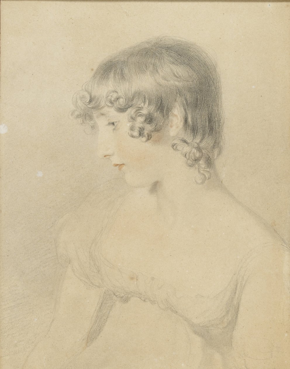 Susan Bloxam mellszobrai portréja, profilban balra fordítva, 1818 (fekete kréta, vörös krétával megérintve, enyhén megnyomva a fehér kártyán, elszíneződött barna) alkotó: Thomas Lawrence