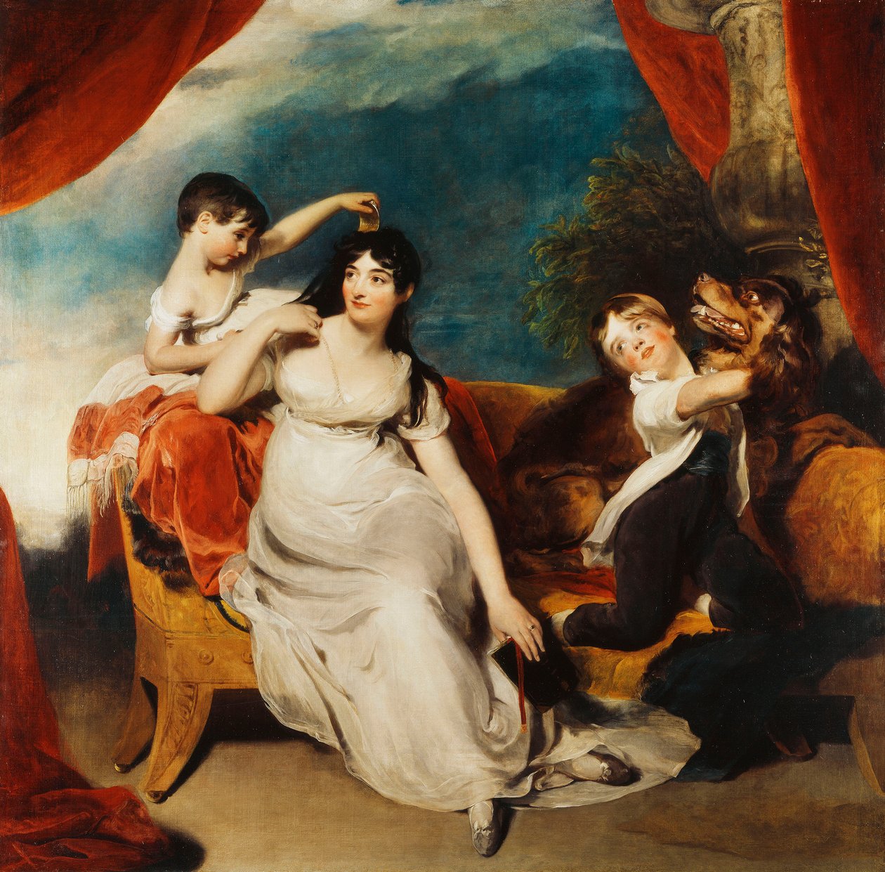 Csoportportré Mrs Henry Baringről és két gyermekéről, valamint egy nagy kutyáról, egy tájon túl, 1817-1824 körül alkotó: Thomas Lawrence