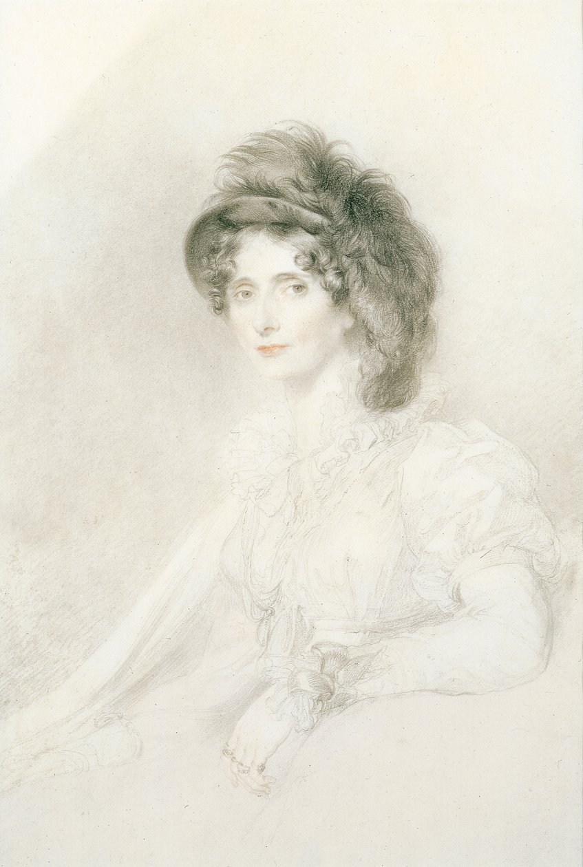 Erzsébet, Devonshire hercegnőjének (1758-1824) portréja, ülő, félhosszú, nagy tollas kalapot visel (ceruza, fekete-piros kréta papíron) alkotó: Thomas Lawrence
