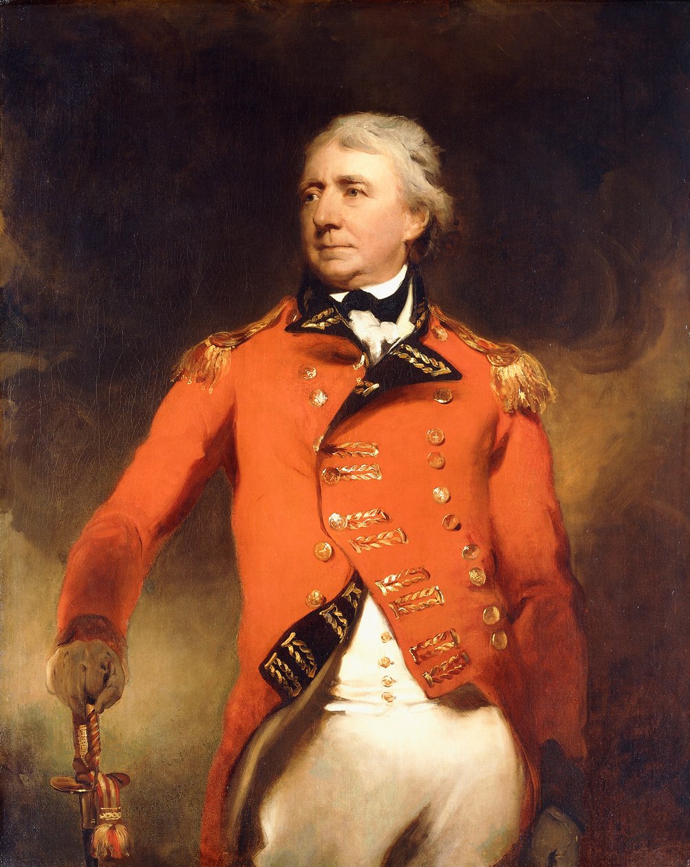 James Stuart tábornok háromnegyed hosszúságú portréja vörös egyenruhát visel, arany békával, alkotó: Thomas Lawrence