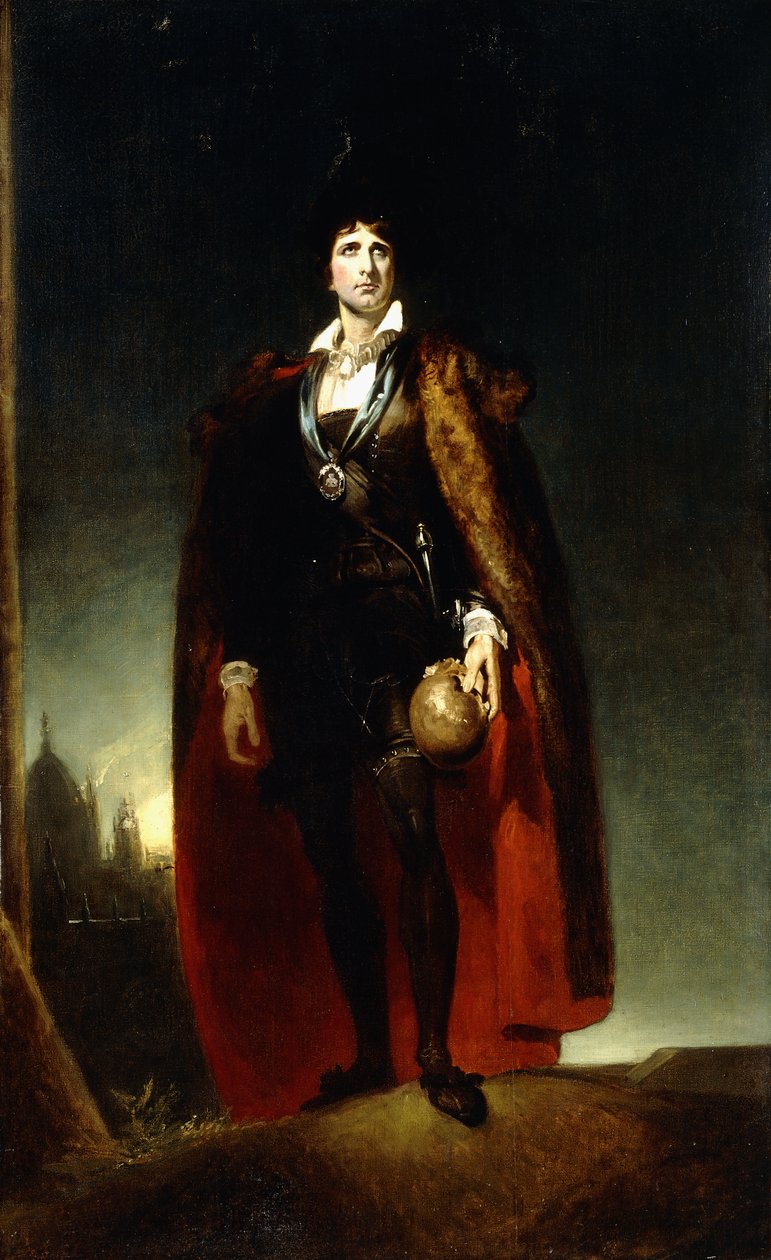 John Kemble portréja, mint Hamlet, teljes alakban a tájban áll, köpenyt visel és koponyát tart, alkotó: Thomas Lawrence