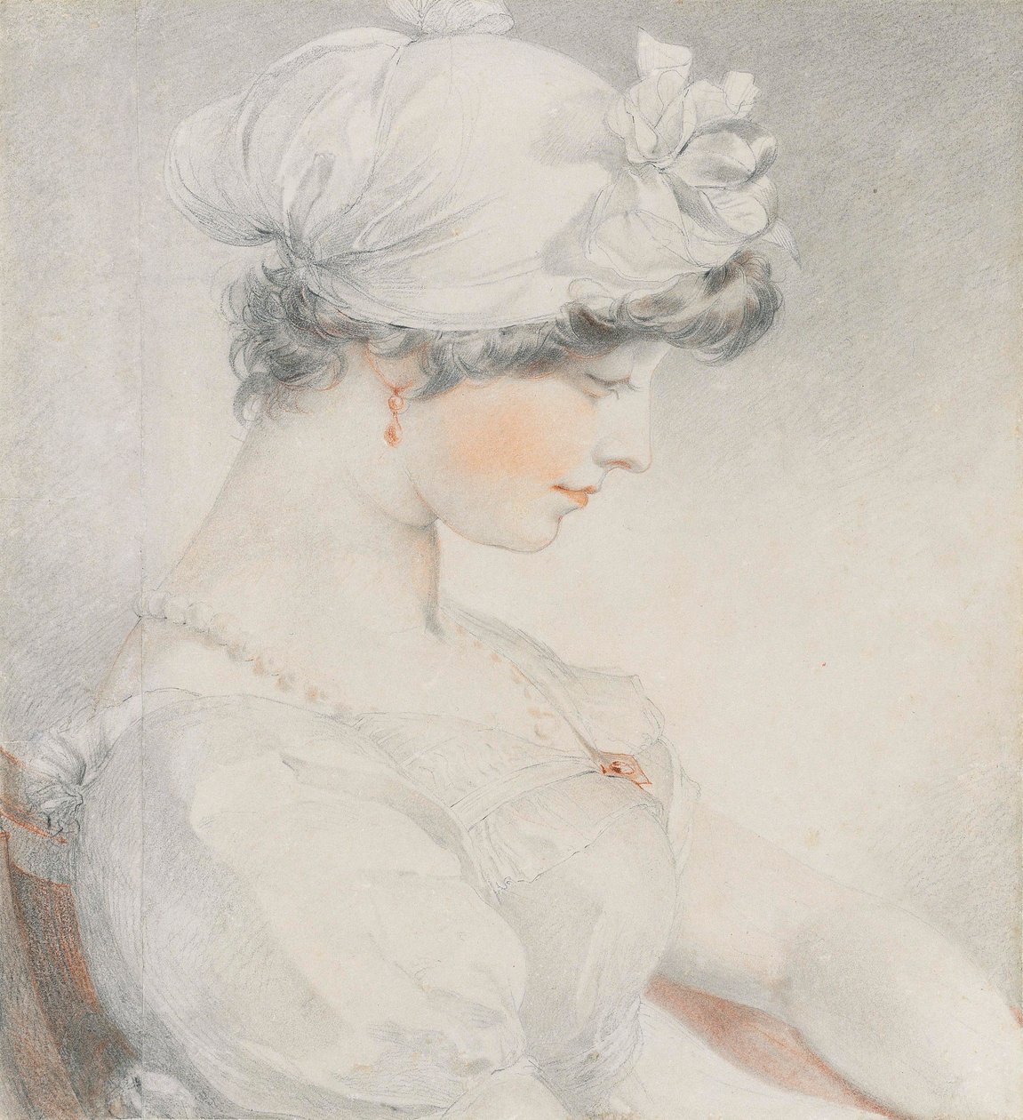 Julia Angerstein portréja, félalakos, profilban jobbra (ceruza, fekete-piros kréta, domborulattal) alkotó: Thomas Lawrence