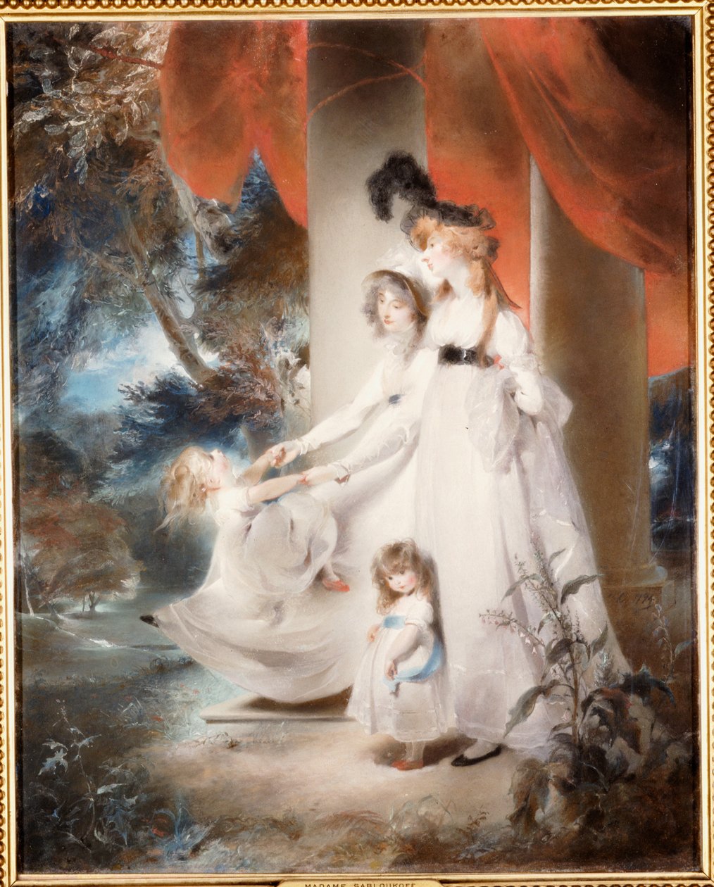 Ayscoghe Boucherett asszony portréja két legidősebb gyermekével, Emiliával és Ayscoghe-val, valamint féltestvérével, Juliana Angersteinnel, később Madame Sabloukoff-val egy kertben alkotó: Thomas Lawrence