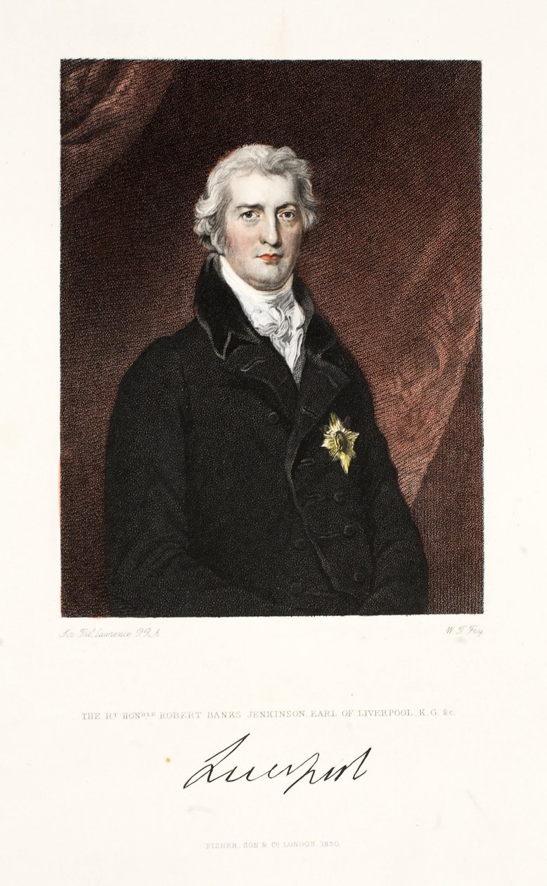 A helyes, tisztelt Robert Banks Jenkinson, Liverpool grófja, K.G. und C., pub. 1830 (kézzel színezett metszet) alkotó: Thomas Lawrence