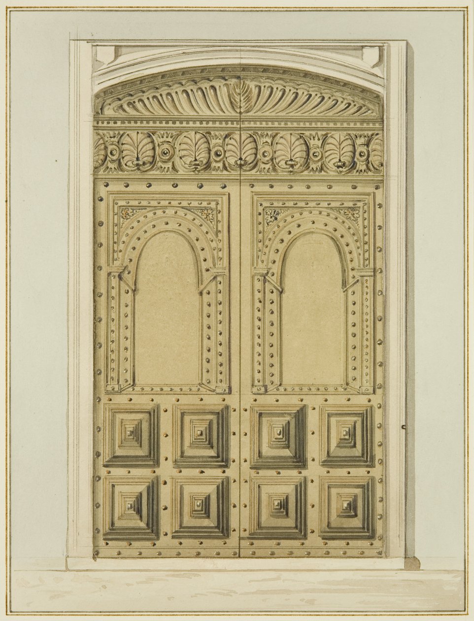 Faragott belső ajtó az oltár közelében, a Szent János-templom (akvarell papíron) alkotó: Thomas Leeson the Elder Rowbotham