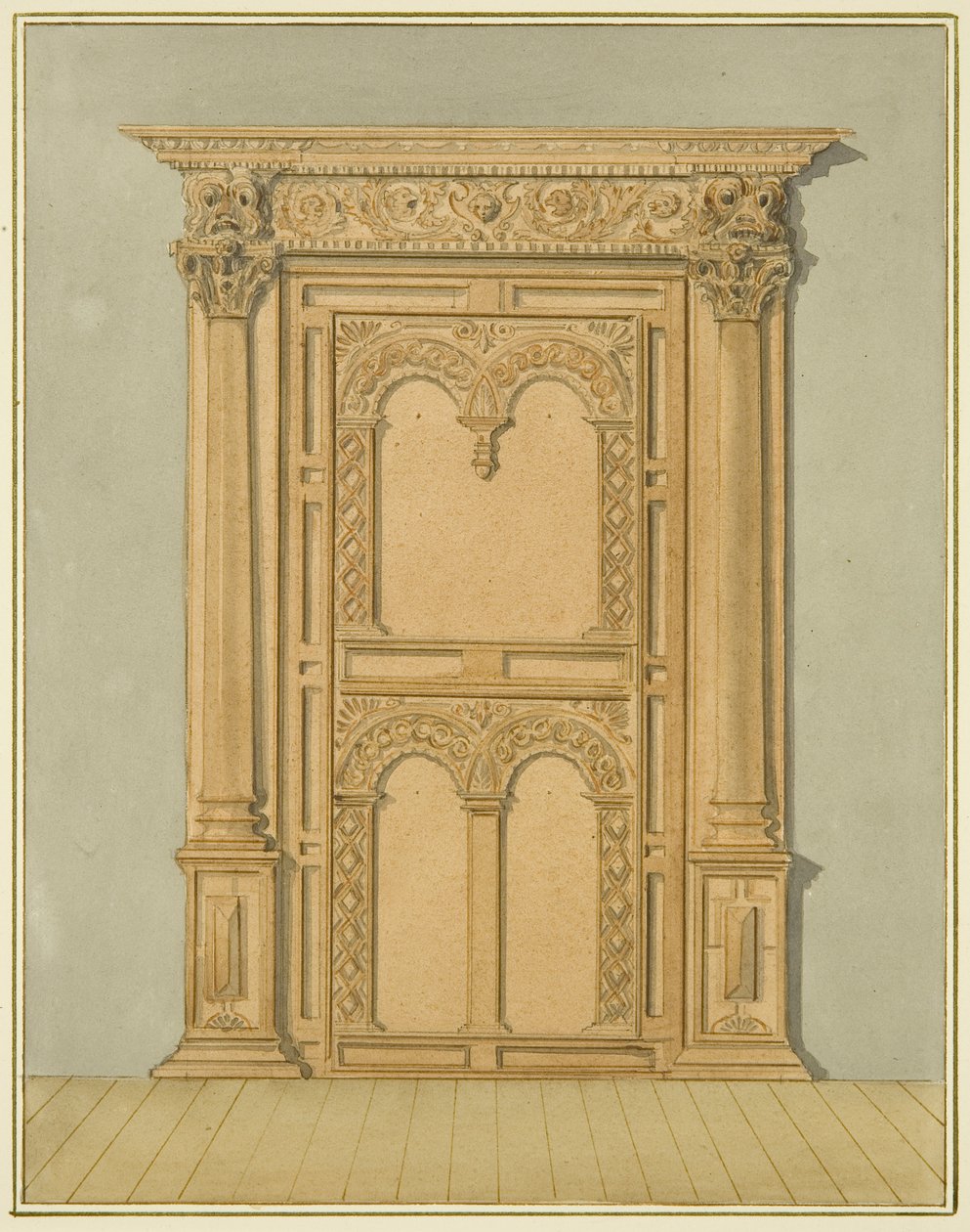Faragott tölgyfa ajtó, Redcliffe Street 6 (akvarell, papír) alkotó: Thomas Leeson the Elder Rowbotham