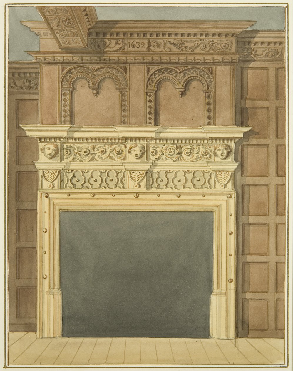 Kéménydarab és burkolat, 1632-ben, a Szent Miklós utca északi oldalán lévő házban (akvarell papíron) alkotó: Thomas Leeson the Elder Rowbotham