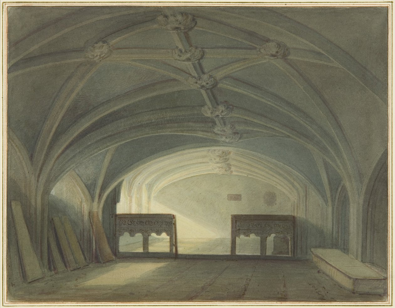 A Szent János-templom kriptája keletre néz, tölgyfa képernyővel (akvarell papíron) alkotó: Thomas Leeson the Elder Rowbotham