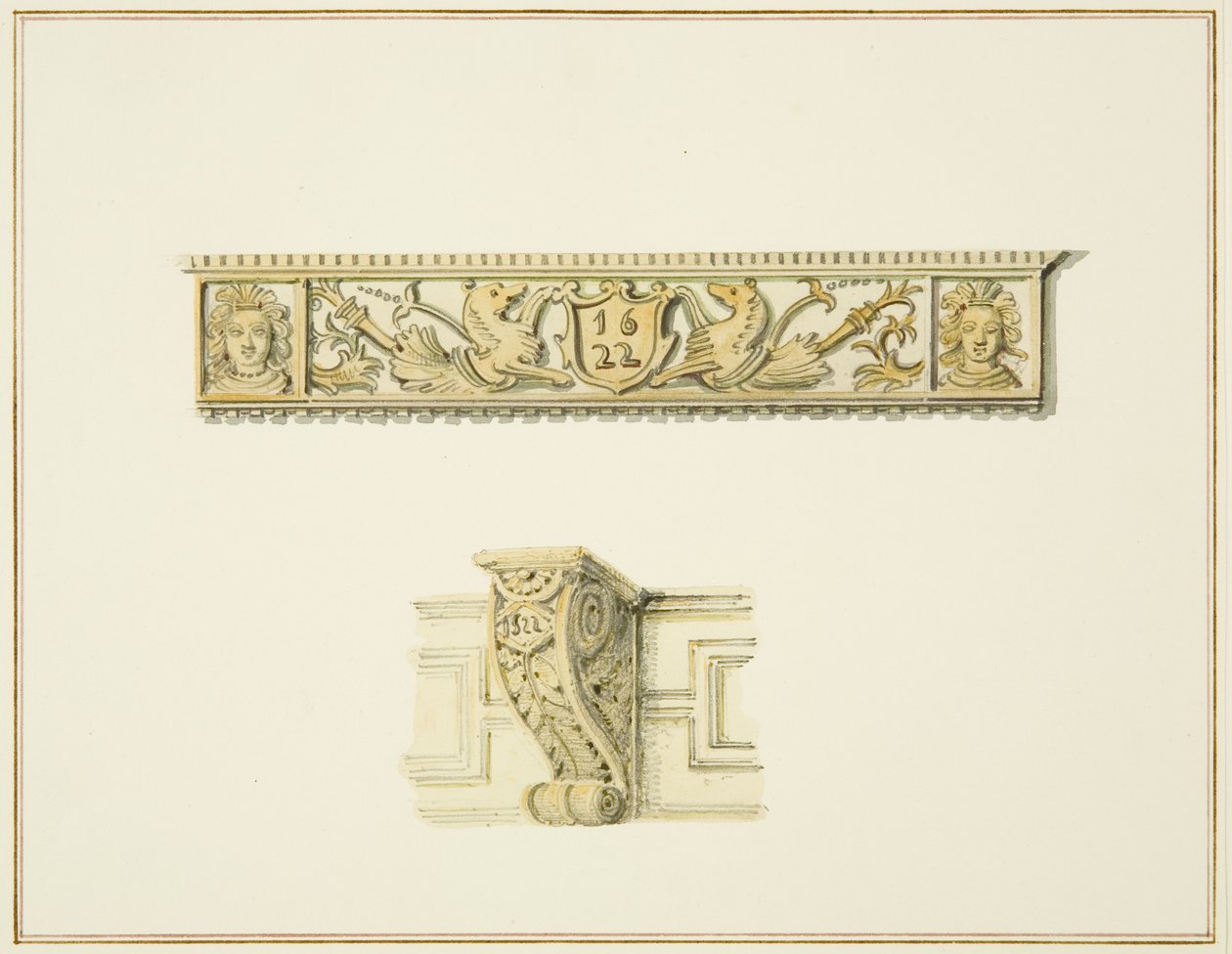 Frieze a Broad Street 15-ben és tartó a Guildhall melletti házon (akvarell papíron) alkotó: Thomas Leeson the Elder Rowbotham