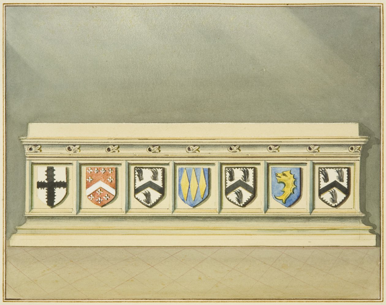 Heraldikai csapágyak Walter Frampton sírján a Szent János-templomban (akvarell papíron) alkotó: Thomas Leeson the Elder Rowbotham