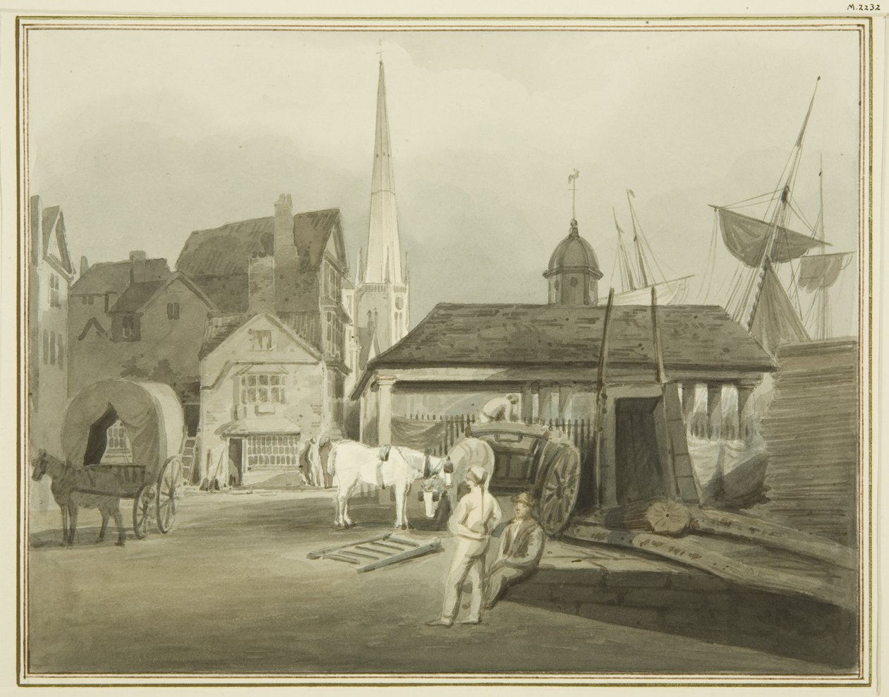 A King Street északkeleti vége, a walesi piac 1802-ben látható (akvarell papíron) alkotó: Thomas Leeson the Elder Rowbotham