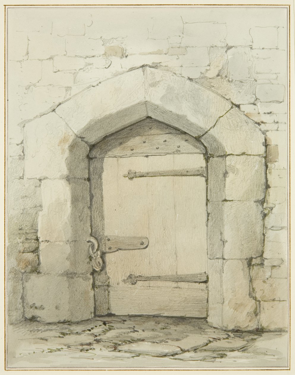 Régi boltív és ajtó a Tower Lane-ben, szemben a Szent János-templom Vestry-vel (ceruza és akvarell papíron) alkotó: Thomas Leeson the Elder Rowbotham