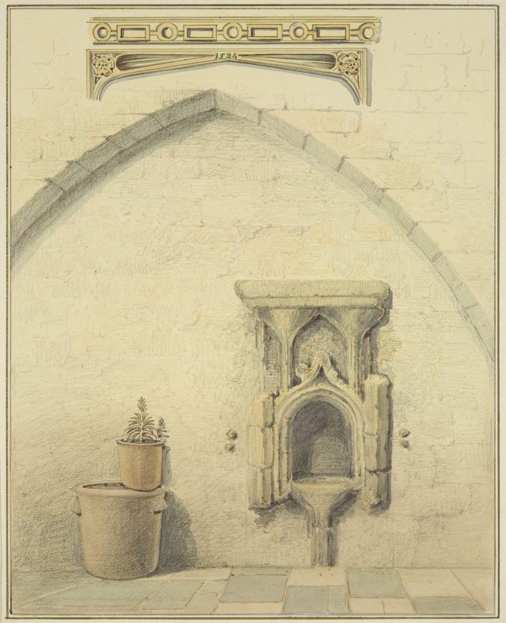 Piscina, Frieze és Spandrels a Temple Street 131 udvarán (ceruza és akvarell papíron) alkotó: Thomas Leeson the Elder Rowbotham
