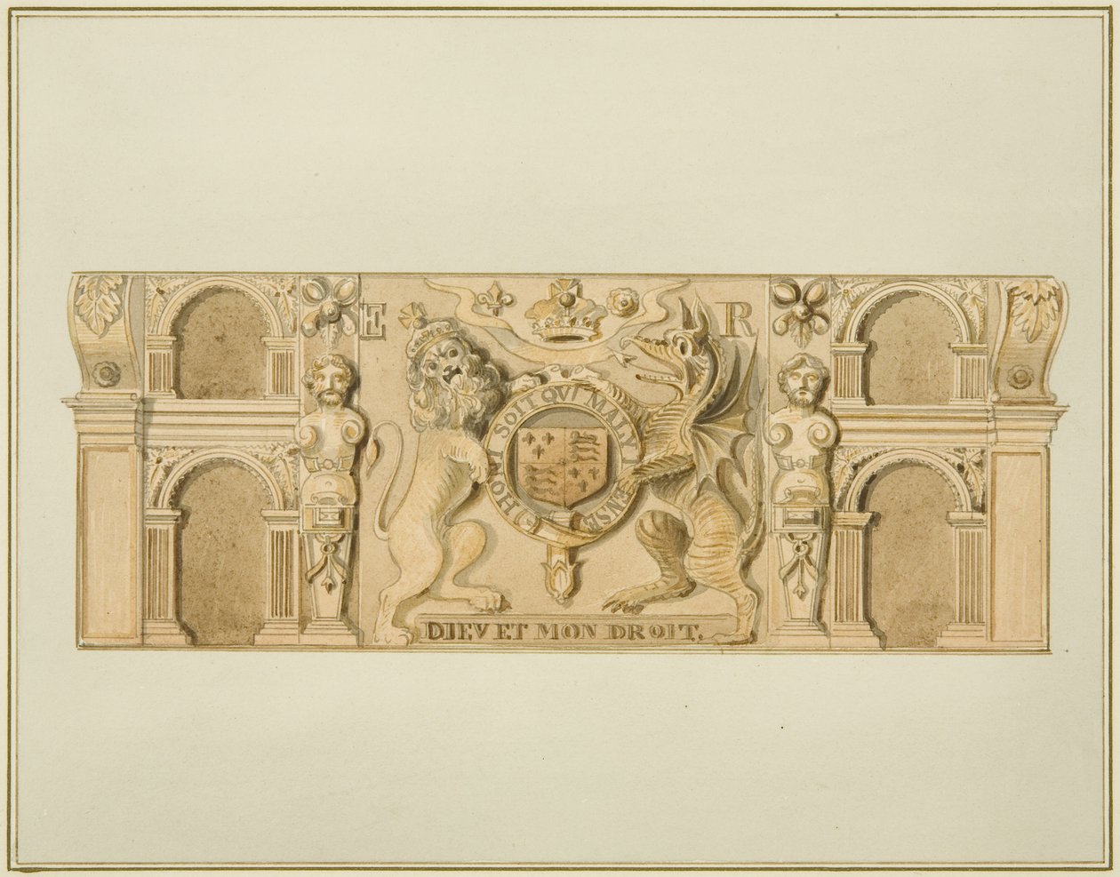 Erzsébet királynő karjai tölgyből, korábban egy házban a Clare Street délnyugati végén (akvarell papíron) alkotó: Thomas Leeson the Elder Rowbotham