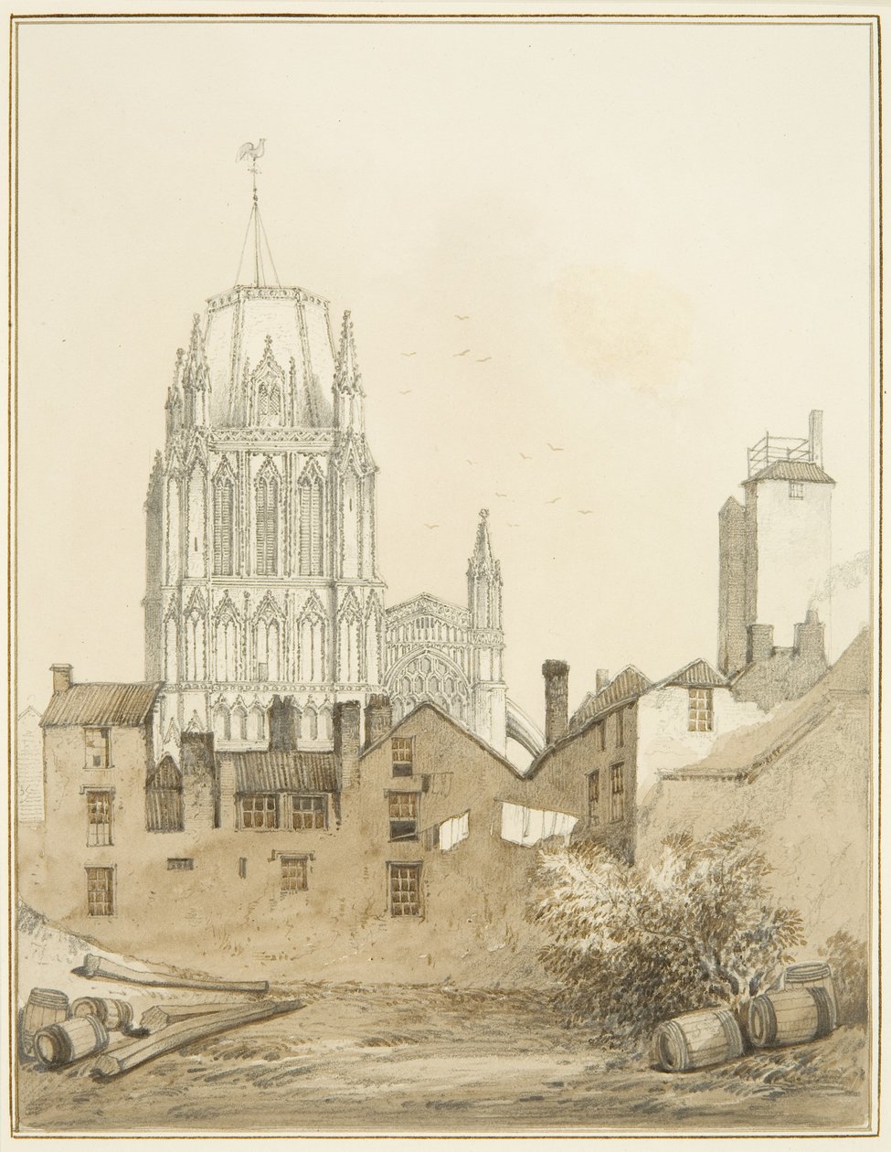 Redcliffe-templom és a Redcliffe-hegy egy része a Shot Tower-nel (akvarell papíron) alkotó: Thomas Leeson the Elder Rowbotham