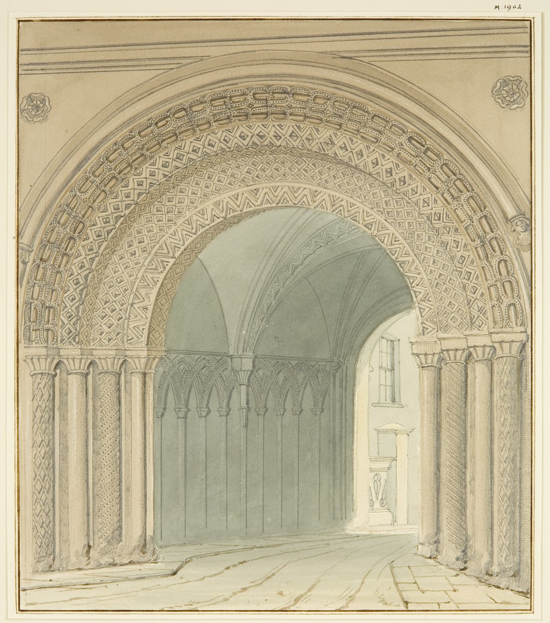 A College Gateway déli képe, Bristol katedrálisa (ceruza és akvarell papíron) alkotó: Thomas Leeson the Elder Rowbotham