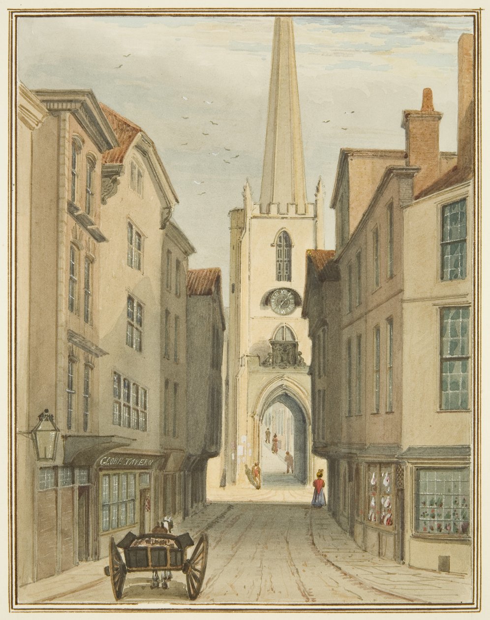 Szent János-torony és a Karácsony utca egy része (akvarell és testfesték papíron) alkotó: Thomas Leeson the Elder Rowbotham