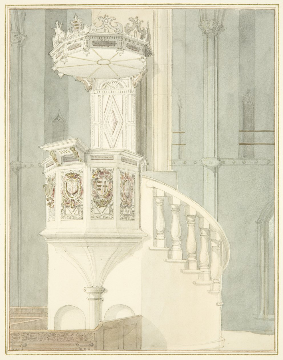 A bristoli katedrális kő szószéke (akvarell, papír) alkotó: Thomas Leeson the Elder Rowbotham