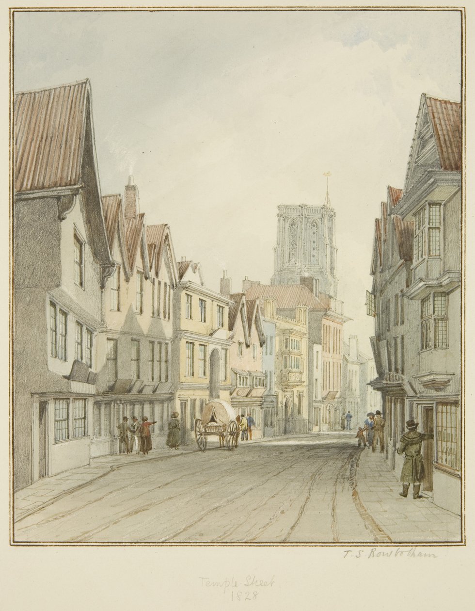 Temple Street, a Temple Church tornyával (akvarell papíron) alkotó: Thomas Leeson the Elder Rowbotham