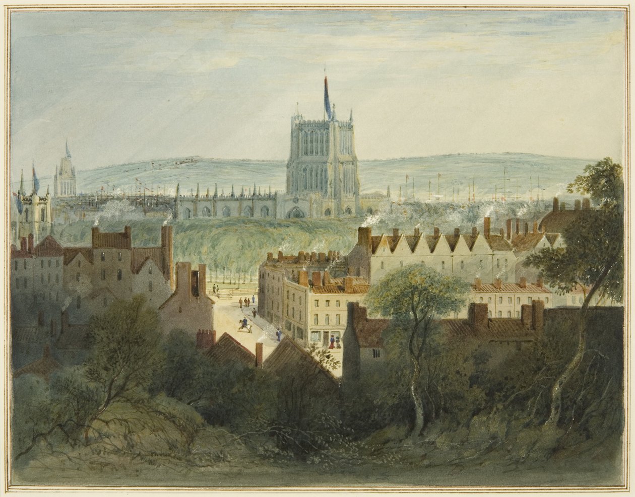 A katedrális, a College Green és a College Street (akvarell papíron) alkotó: Thomas Leeson the Elder Rowbotham