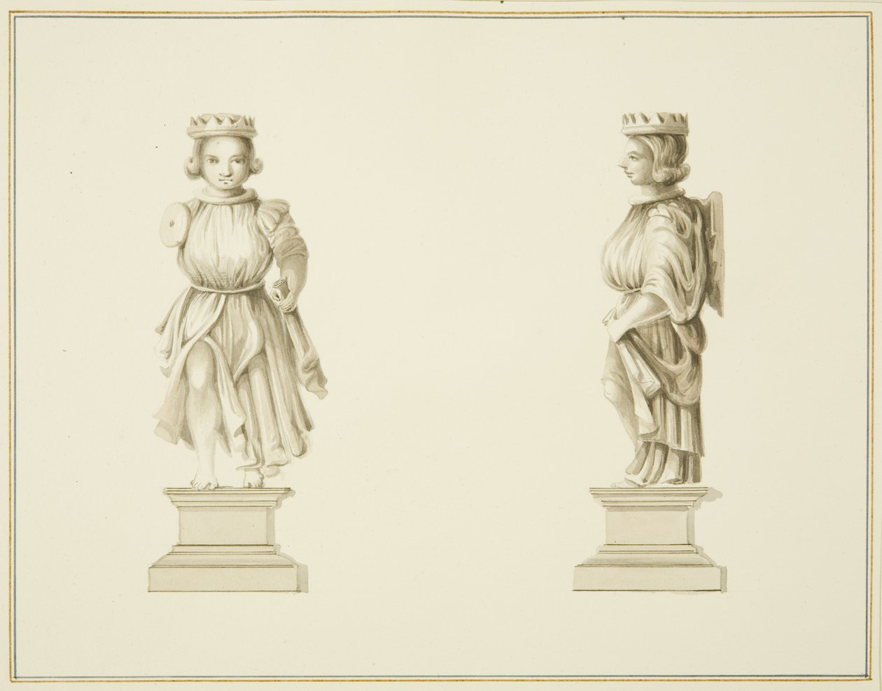 Egy faragott fából készült figura két képe a Szent János-templom paprikás termében (ceruza és akvarell papíron) alkotó: Thomas Leeson the Elder Rowbotham