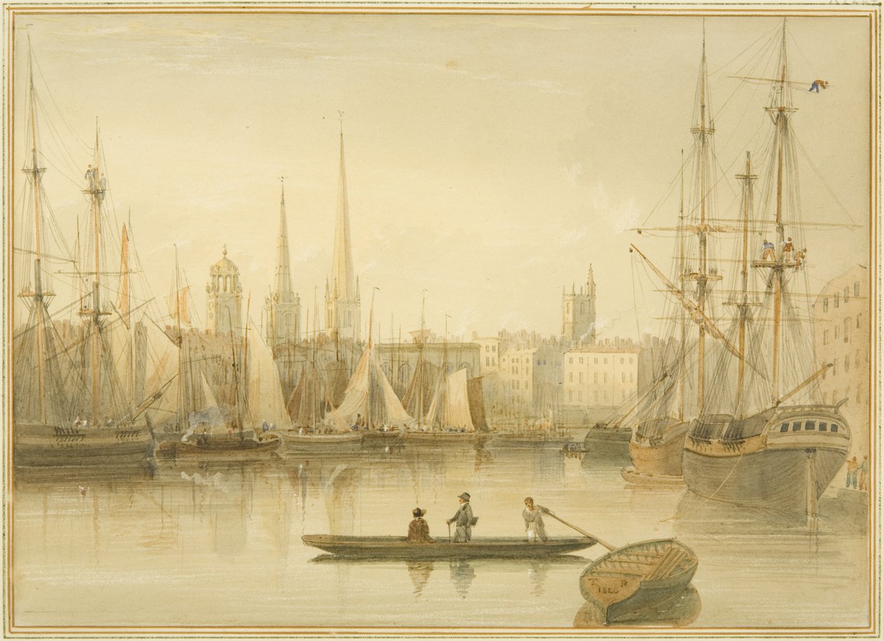 Kilátás az úszó kikötőre a Redcliffe Back Ferryről alkotó: Thomas Leeson the Elder Rowbotham