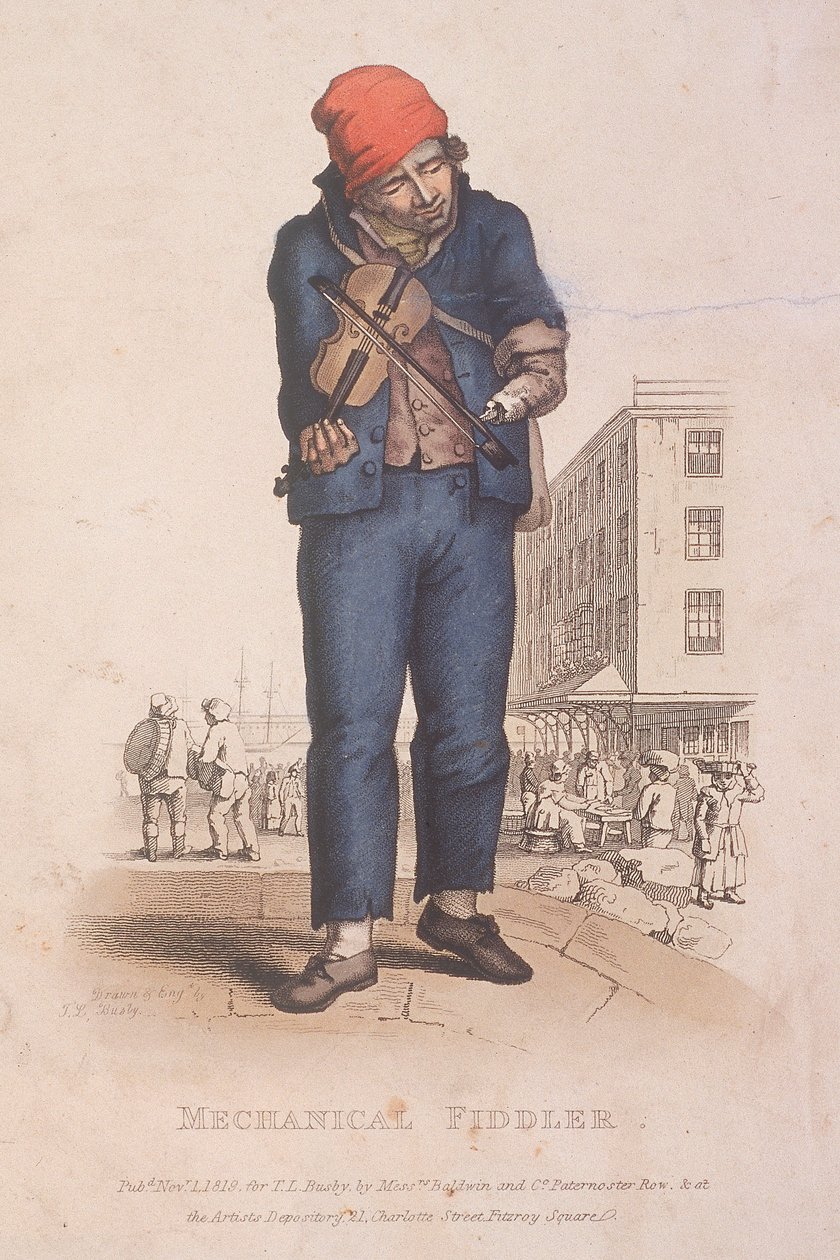 Hegedűs karprotézissel, háttérben piaccal, 1820 alkotó: Thomas Lord Busby