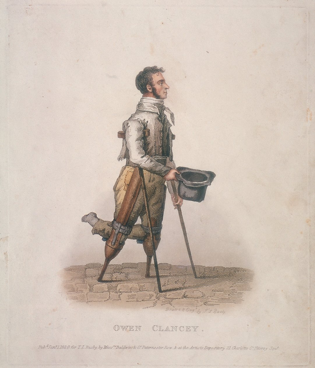 Owen Clancy, kalapjával a kezében, mankóval és lábára rögzítve könyörög, 1820 alkotó: Thomas Lord Busby