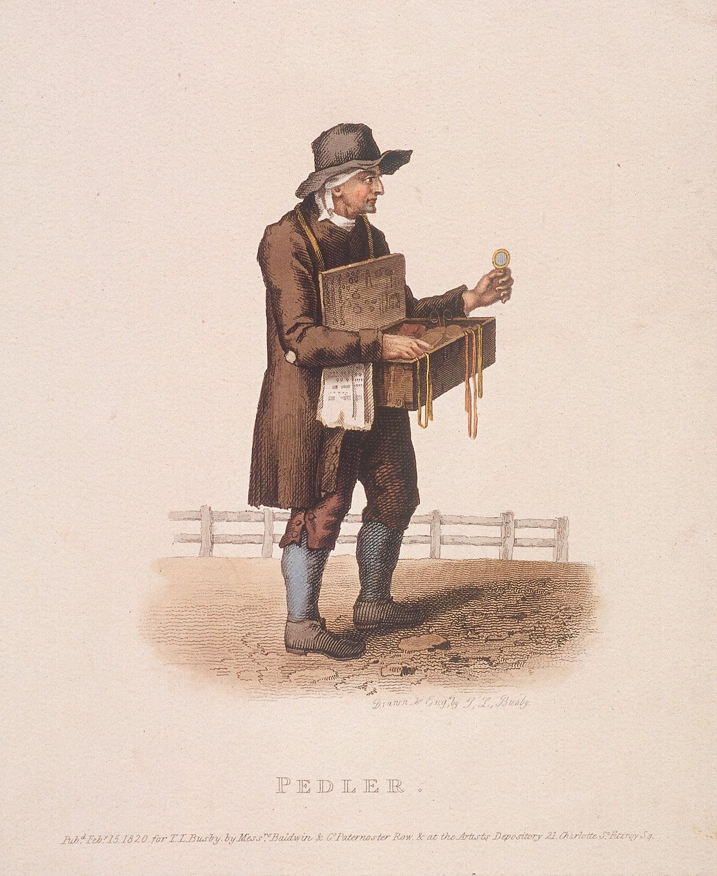 Pedlar a nyakába akasztott árusdobozával, 1820 alkotó: Thomas Lord Busby