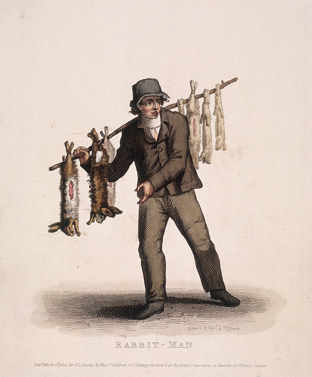 Nyulakkal akasztott rudat hordozó nyúlárus, 1820 alkotó: Thomas Lord Busby